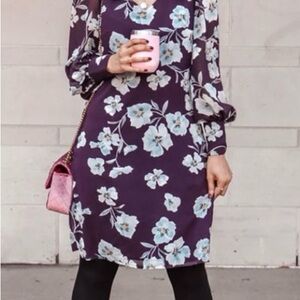 Cabi Ellery Dress. Floral Purple Dress with Blue Accents. Double lined body